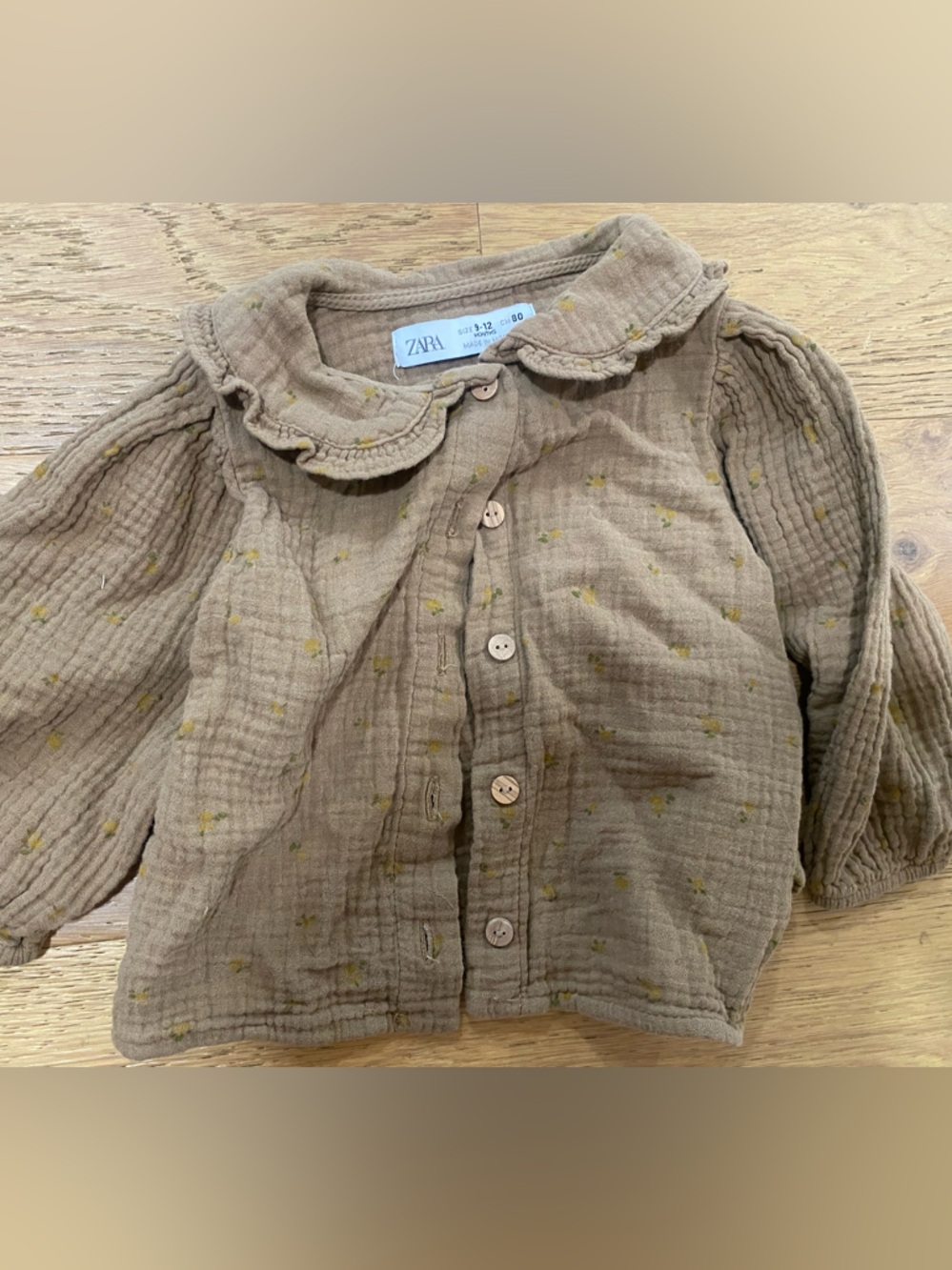 ZARA baby Girls Cotton Brown & lemons Ruffle Collar Button-Front Top 9-12m VGUC